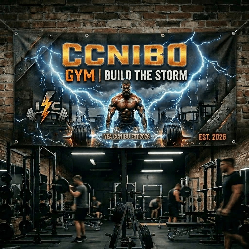 Gym banner showing muscular man deadlifting with lightning bolts and gym tagline